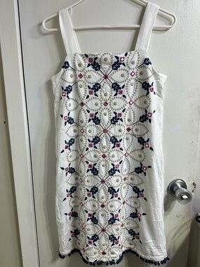 J. Jill White Cotton Mini Dress with Navy & Pink Embroidery